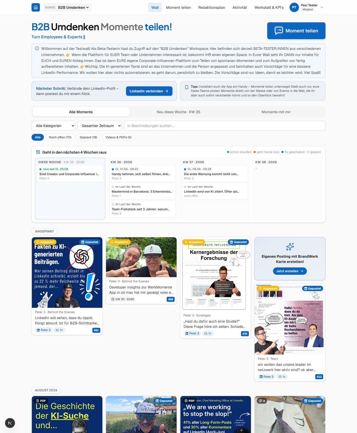 Die Wall mit Zeitstrahl und Status-Chips