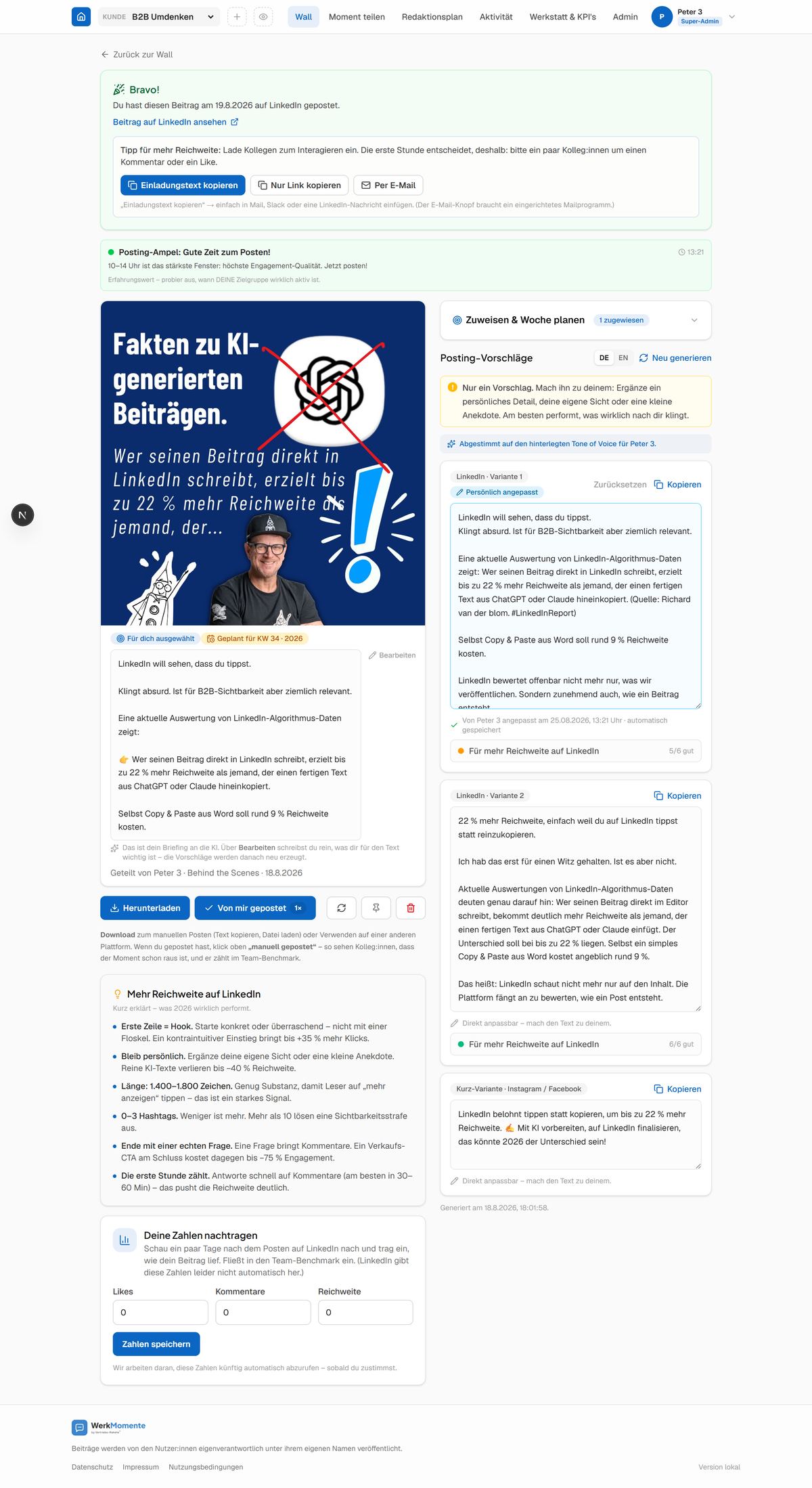 Detailseite eines vorbereiteten und geposteten Moments
